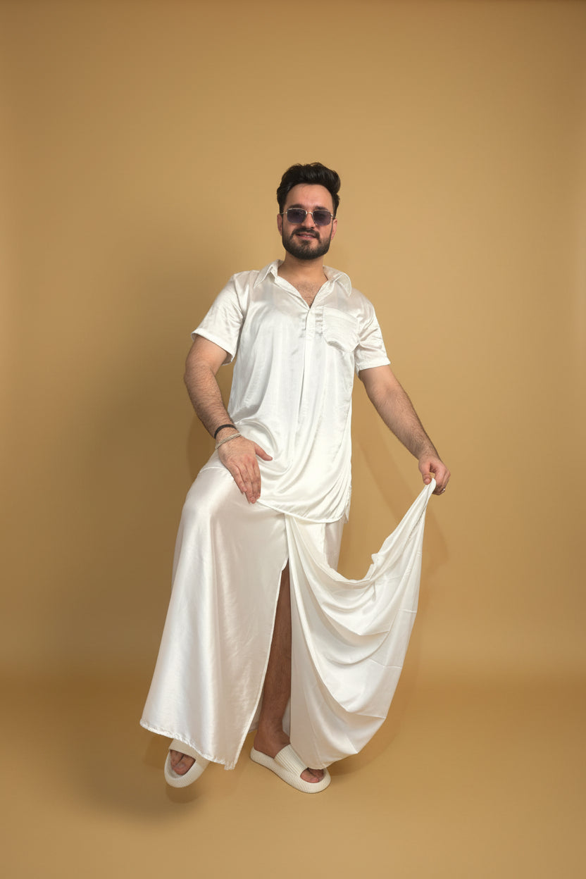 Men White Color Pleated Satin Silk Pajamalungi