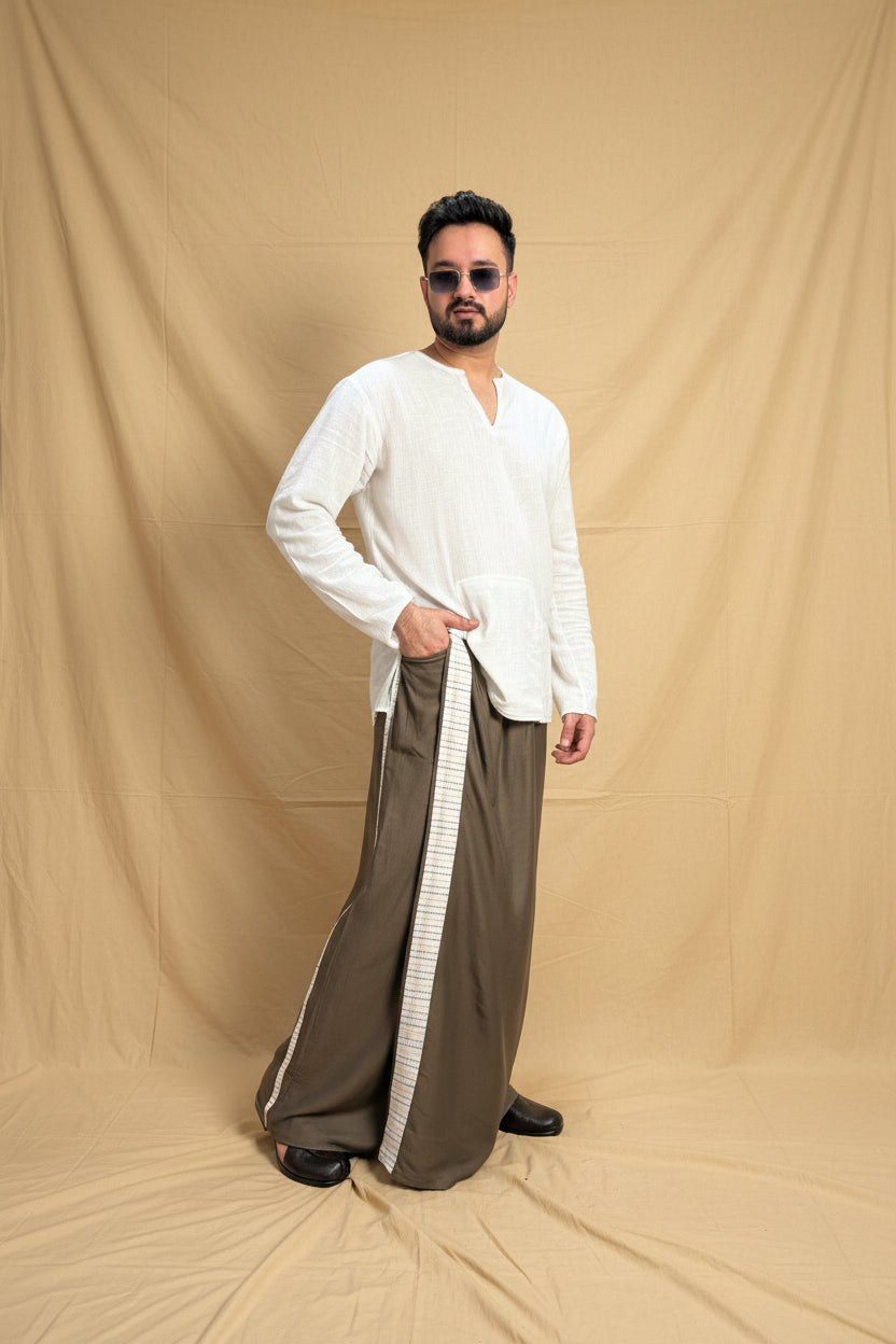 Men Mouse Colour Pajamalungi With White Stripe Panel