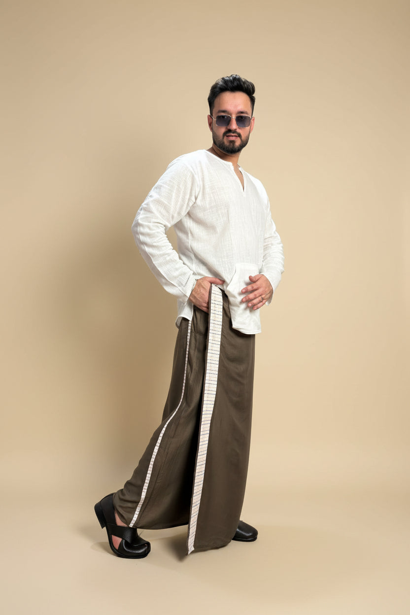 Men Mouse Colour Pajamalungi With White Stripe Panel