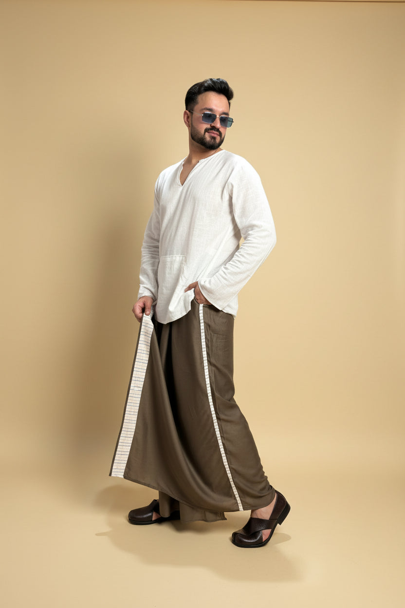 Men Mouse Colour Pajamalungi With White Stripe Panel