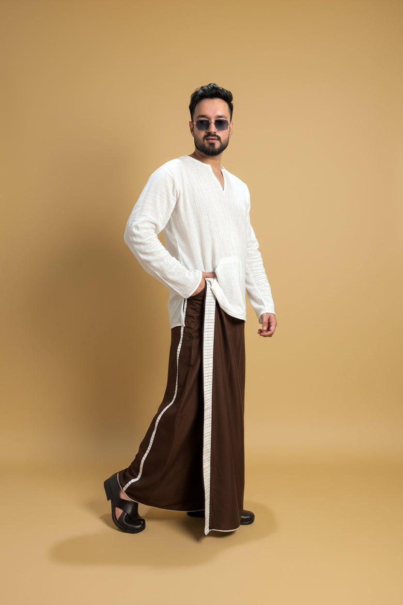 Men Dark brown Colour Pajamalungi With White Stripe Panel