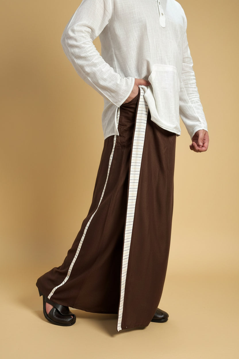 Men Dark brown Colour Pajamalungi With White Stripe Panel
