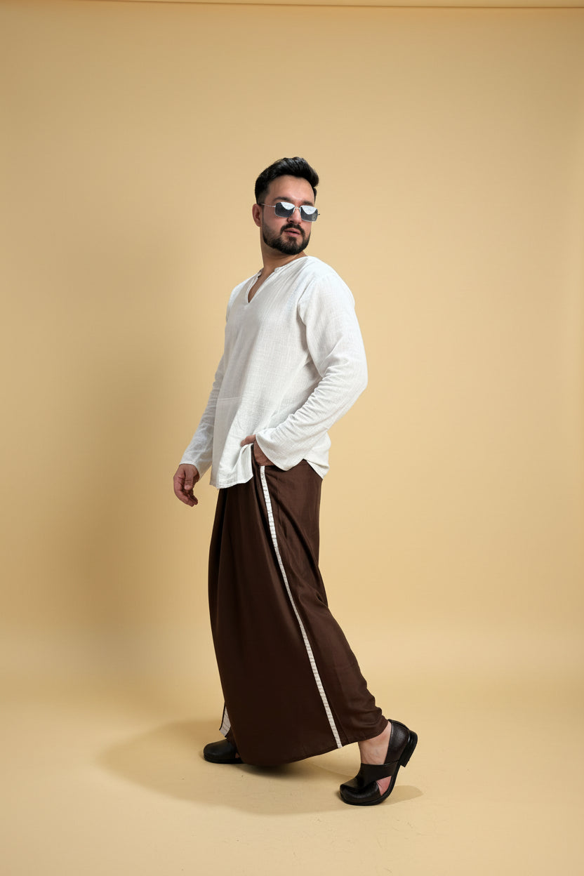Men Dark brown Colour Pajamalungi With White Stripe Panel