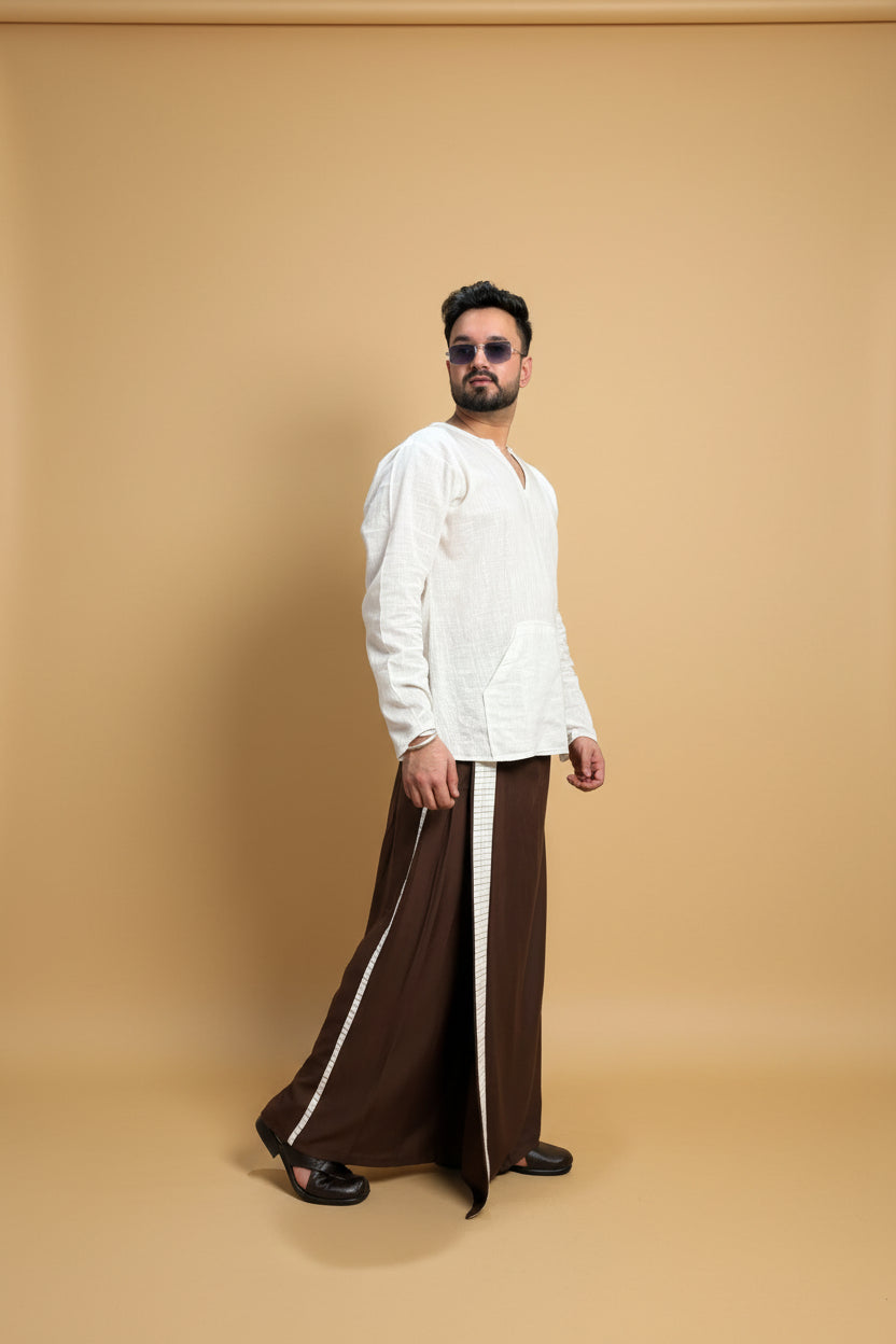 Men Dark brown Colour Pajamalungi With White Stripe Panel