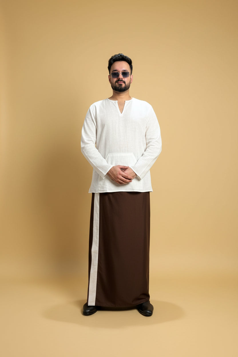 Men Dark brown Colour Pajamalungi With White Stripe Panel