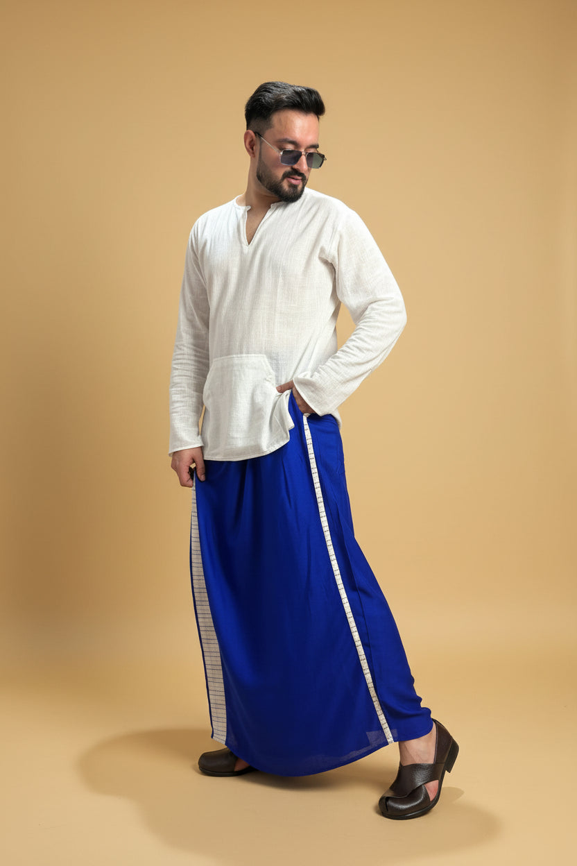 Men Royal blue Colour Pajamalungi With White Stripe Panel