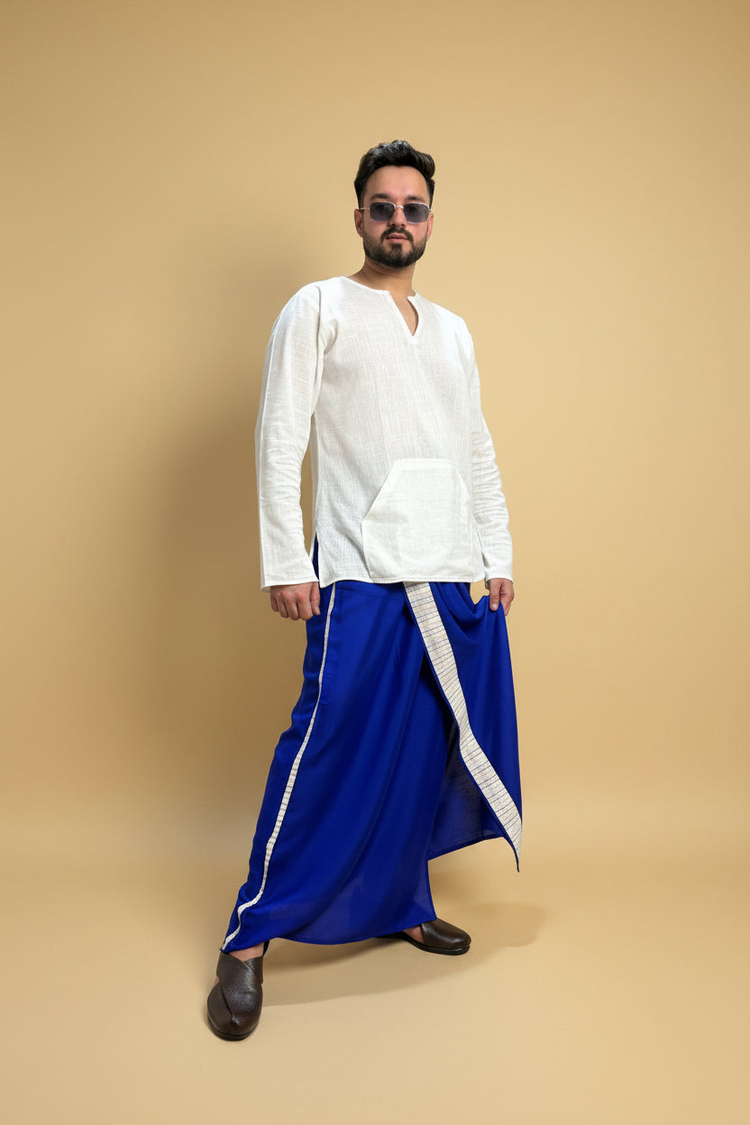 Men Royal blue Colour Pajamalungi With White Stripe Panel