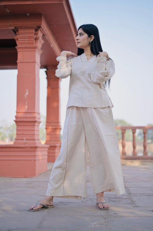 Beige V-Neck Gathered Cuff Top & Wide-Leg Pajama - Nirmal Online