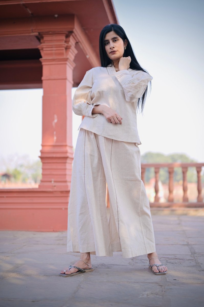 Beige V-Neck Gathered Cuff Top & Wide-Leg Pajama - Nirmal Online