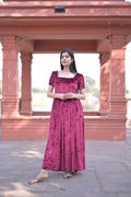 Crimson Square-Neck Velvet Dress With Puff Sleeve - Nirmal Online