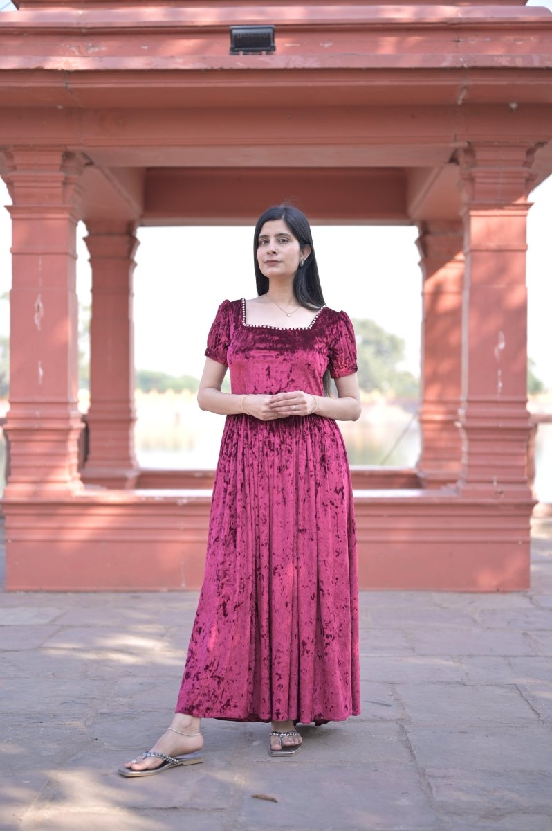 Crimson Square-Neck Velvet Dress With Puff Sleeve - Nirmal Online