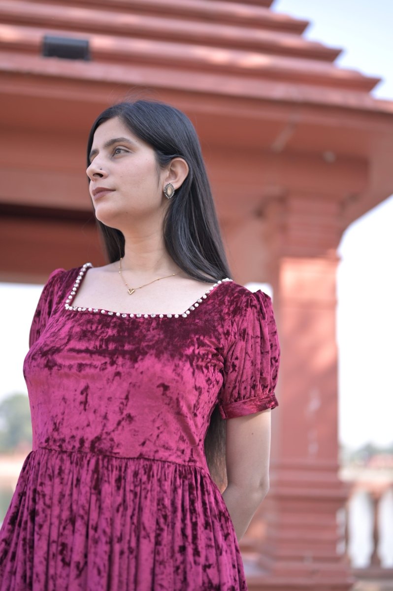 Crimson Square-Neck Velvet Dress With Puff Sleeve - Nirmal Online