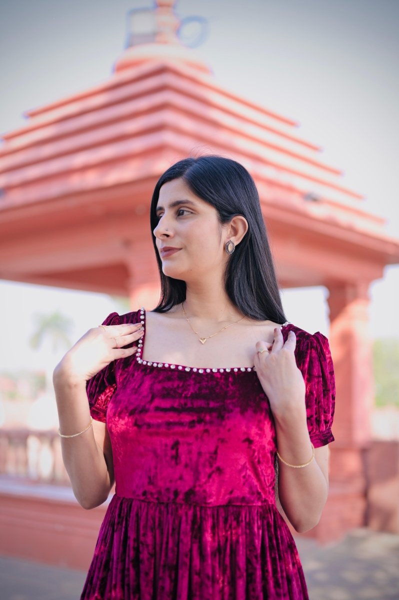 Crimson Square-Neck Velvet Dress With Puff Sleeve - Nirmal Online