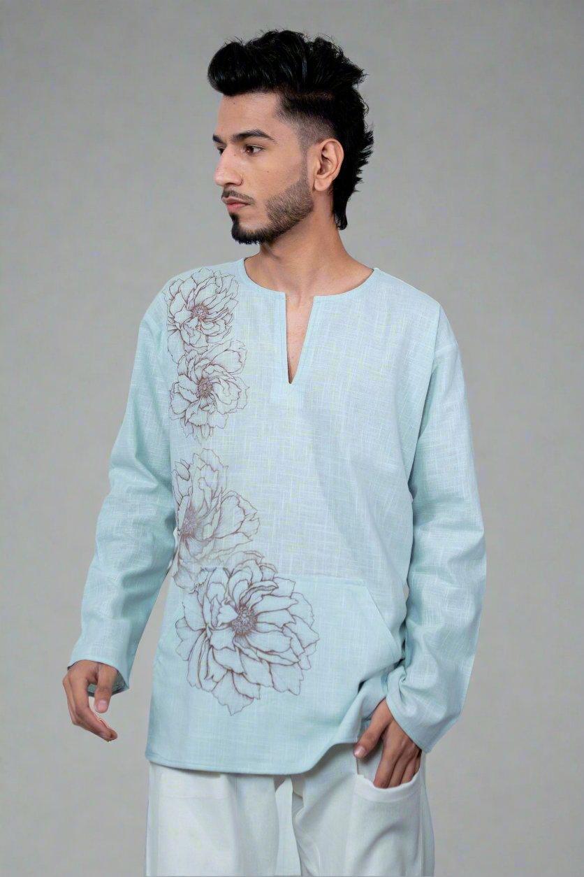 Sky Blue Flower Printed Cotton Kurta - Nirmal Online