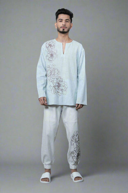 Sky Blue Flower Printed Cotton Kurta - Nirmal Online