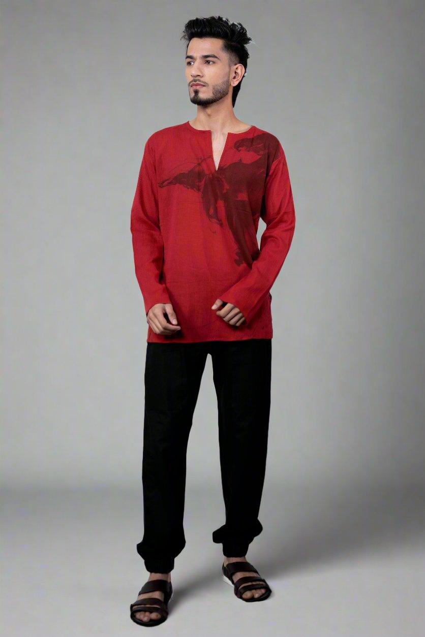 Red Printed Cotton Kurta - Nirmal Online