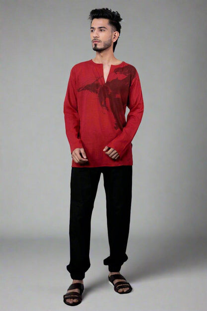 Red Printed Cotton Kurta - Nirmal Online