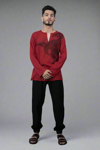 Red Printed Cotton Kurta - Nirmal Online