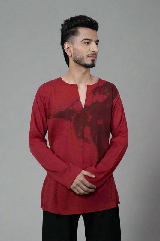 Red Printed Cotton Kurta - Nirmal Online