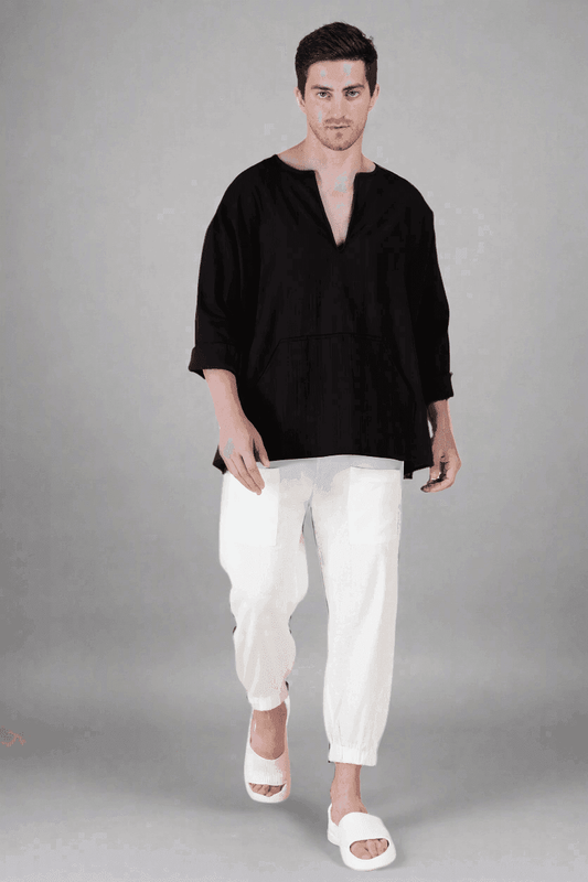 Black Off Shoulder Loose Cotton Kurta - Nirmal Online