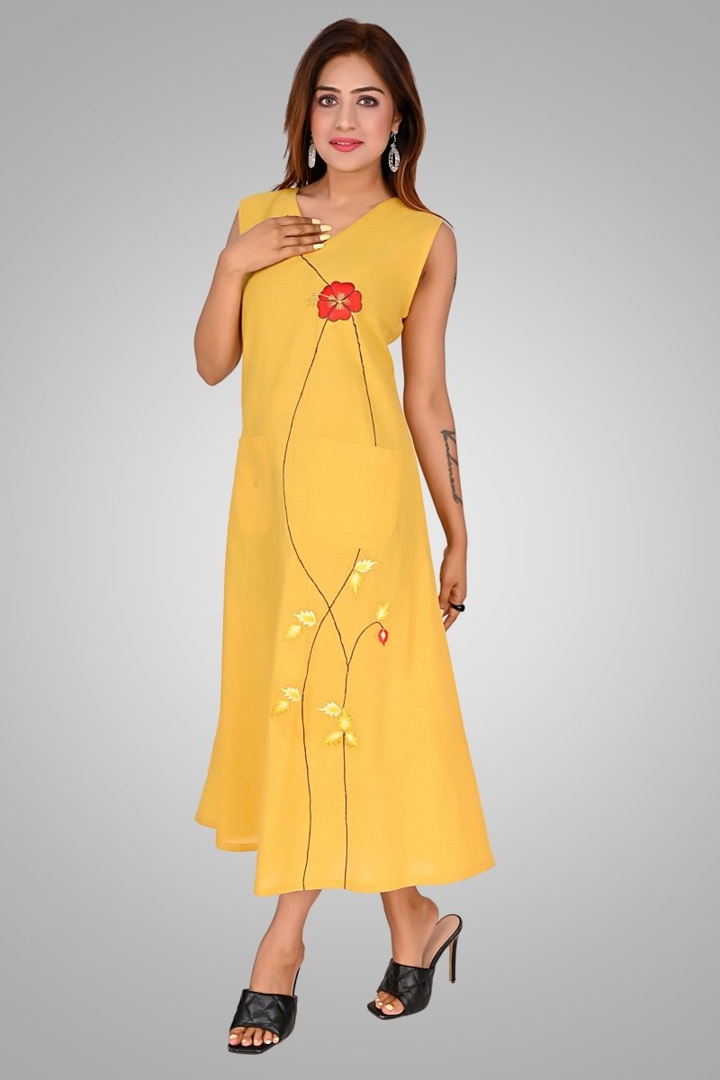 Mustard Yellow Sunlit Blossom Dress - Nirmal Online