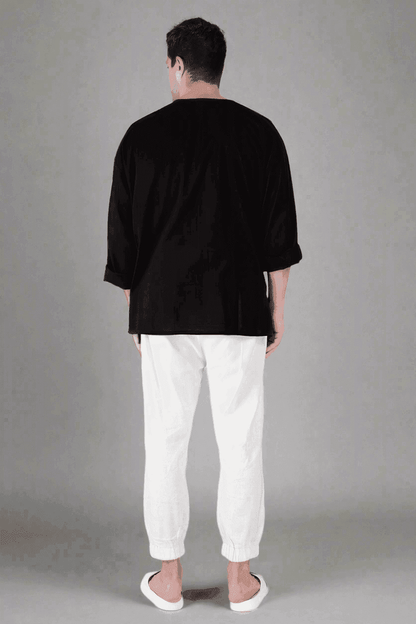 Black Off Shoulder Loose Cotton Kurta - Nirmal Online