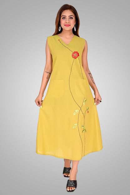 Lemon Green Sunlit Blossom Dress - Nirmal Online