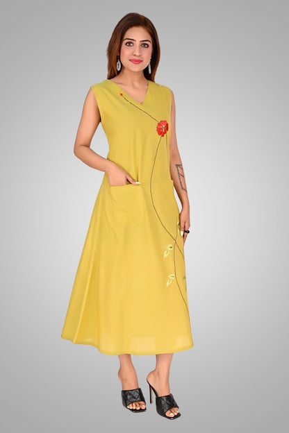 Lemon Green Sunlit Blossom Dress - Nirmal Online