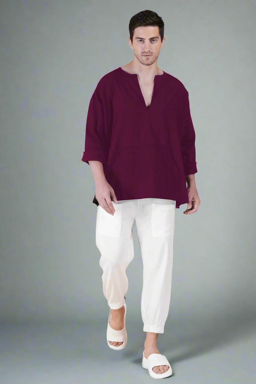 Wine Off Shoulder Loose Cotton Kurta - Nirmal Online