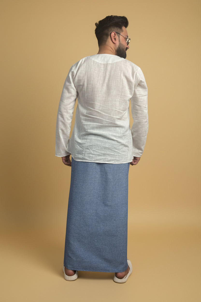 Men Denim Blue Color Pajamalungi With Denim Blue  Stripe Panel