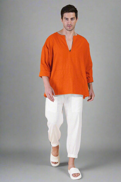 Orange Off Shoulder Loose Cotton Kurta - Nirmal Online