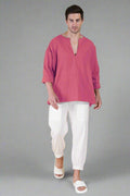 Tulip Pink Off Shoulder Loose Cotton Kurta - Nirmal Online