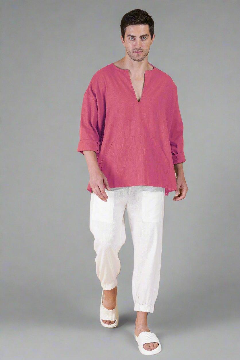 Tulip Pink Off Shoulder Loose Cotton Kurta - Nirmal Online