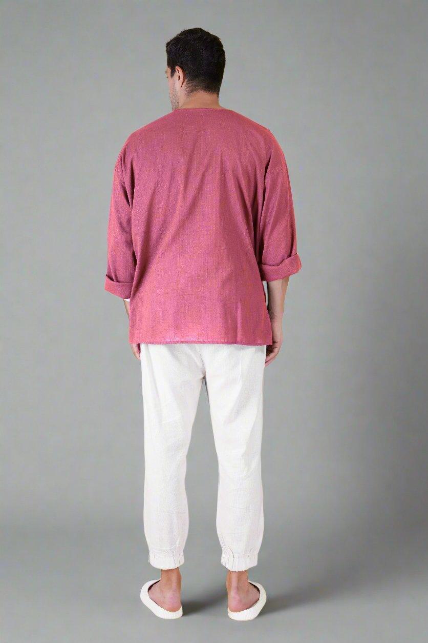 Tulip Pink Off Shoulder Loose Cotton Kurta - Nirmal Online