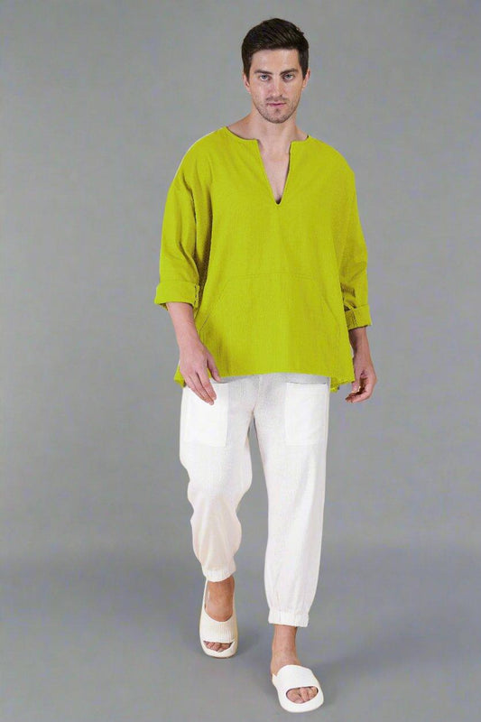 Lemon Green Off Shoulder Loose Cotton Kurta - Nirmal Online