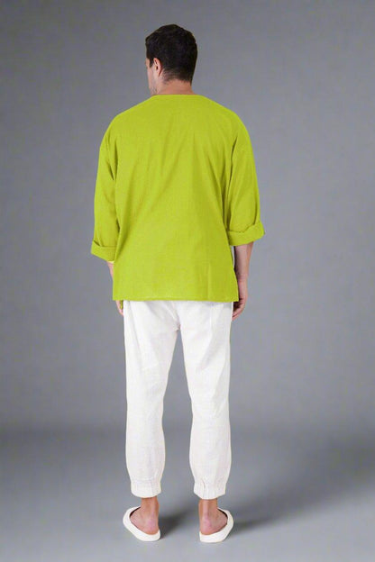 Lemon Green Off Shoulder Loose Cotton Kurta - Nirmal Online