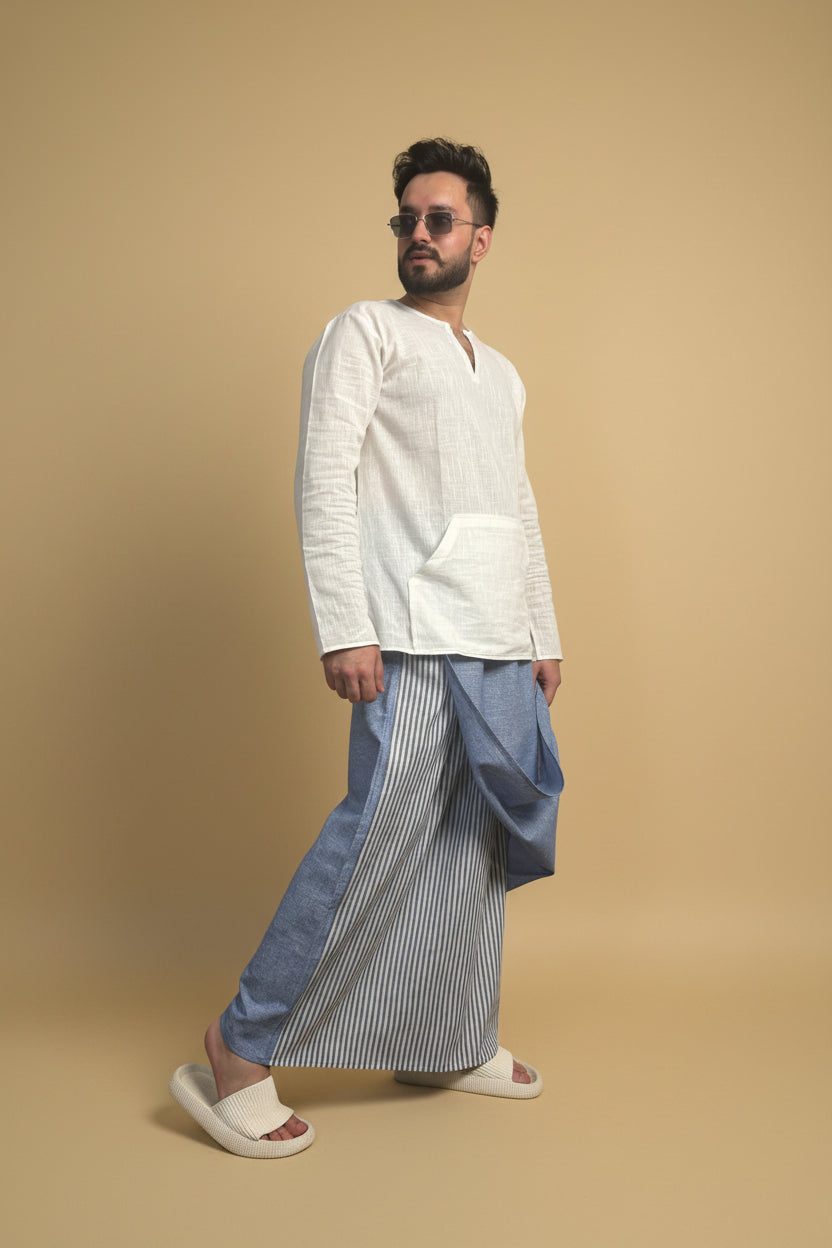 Men Denim Blue Color Pajamalungi With Denim Blue  Stripe Panel