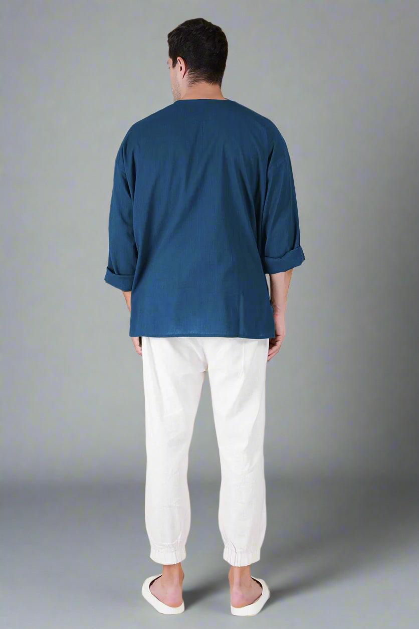 Denim Blue Off Shoulder Loose Cotton Kurta - Nirmal Online