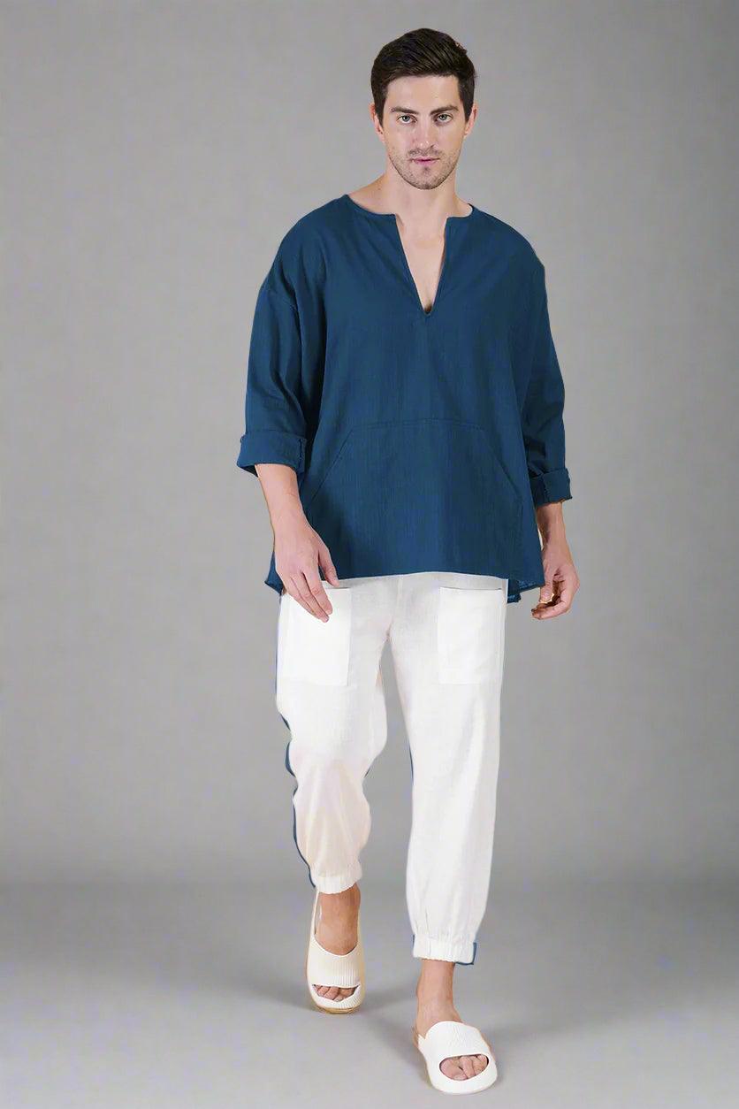 Denim Blue Off Shoulder Loose Cotton Kurta - Nirmal Online