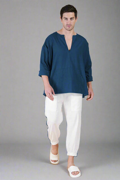 Denim Blue Off Shoulder Loose Cotton Kurta - Nirmal Online