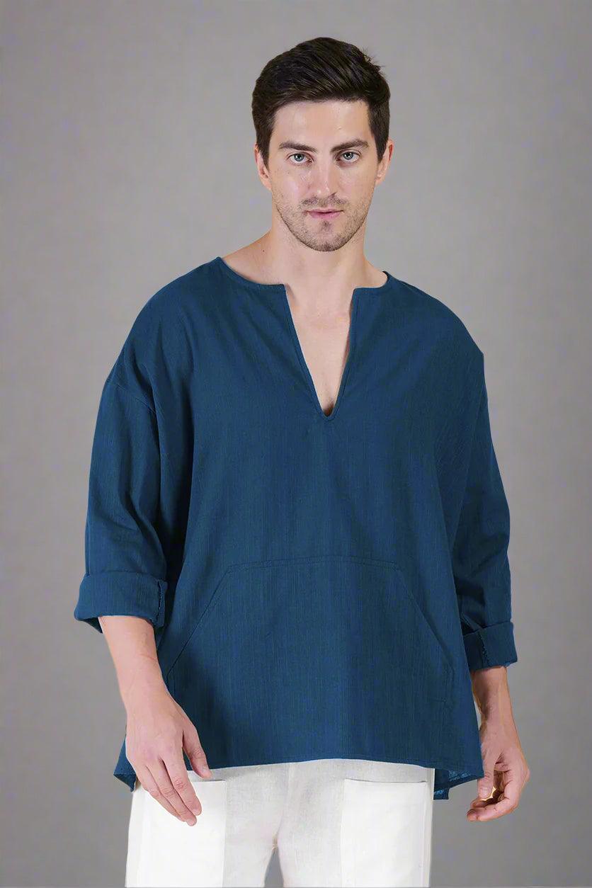 Denim Blue Off Shoulder Loose Cotton Kurta - Nirmal Online
