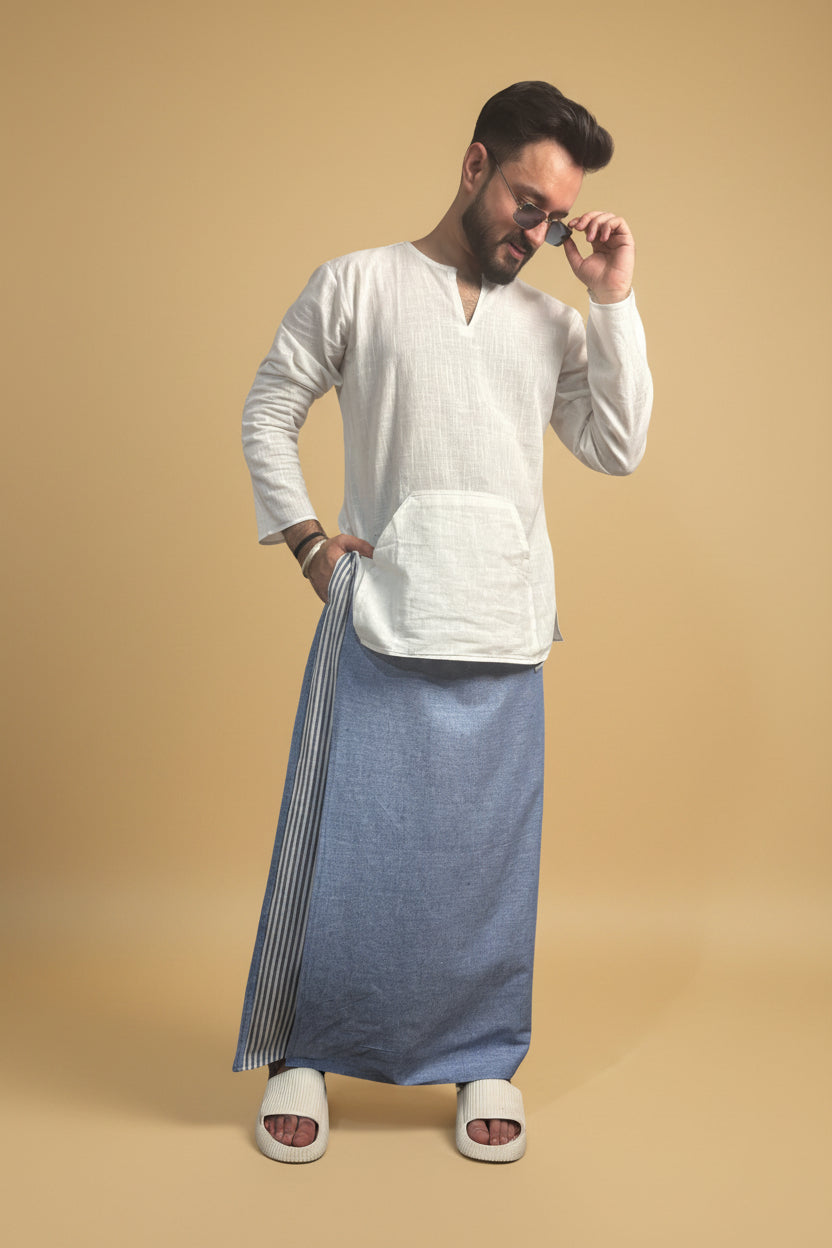 Men Denim Blue Color Pajamalungi With Denim Blue  Stripe Panel