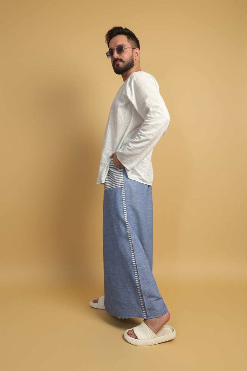 Men Denim Blue Color Pajamalungi With Denim Blue  Stripe Panel