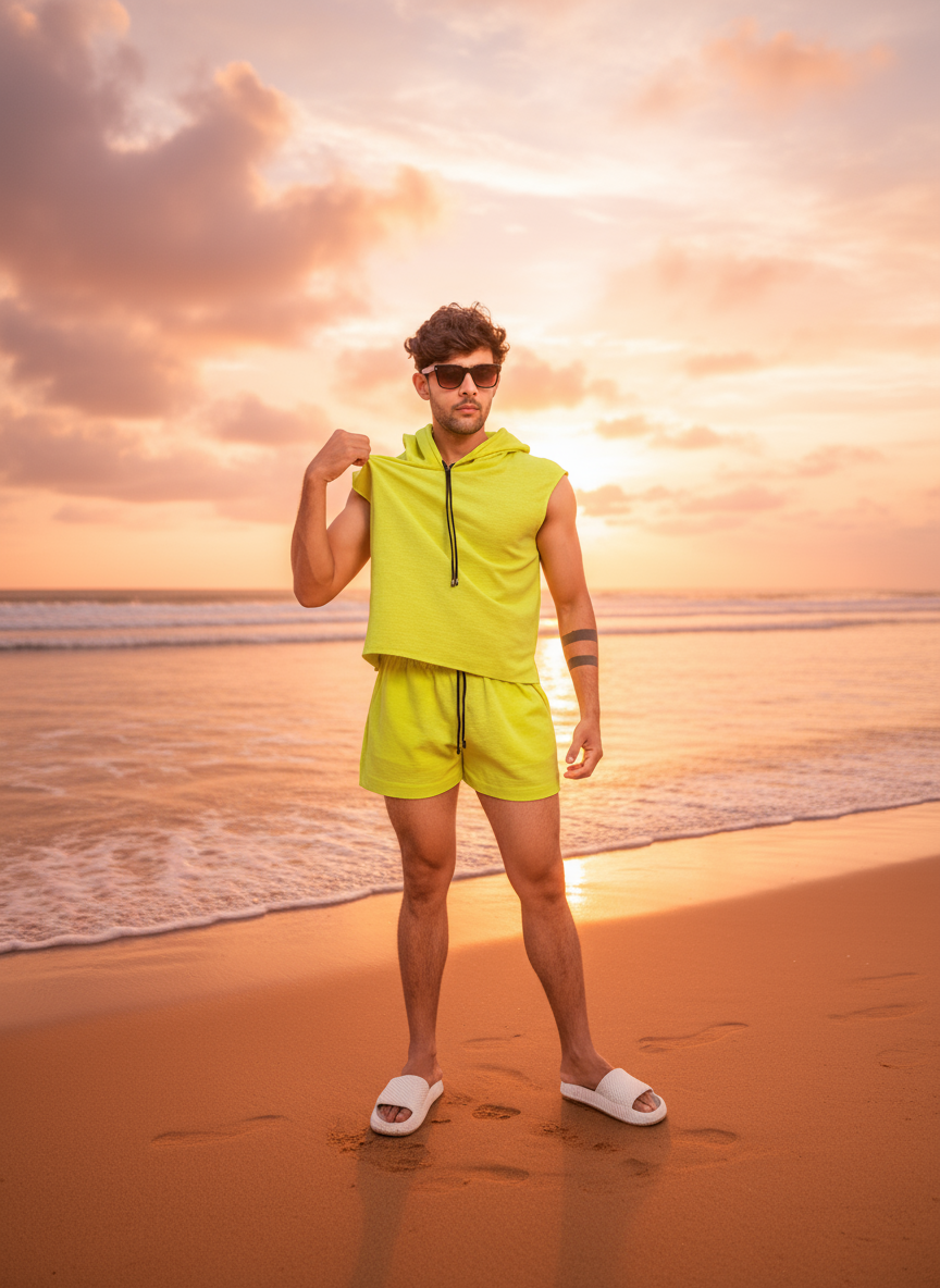 Cotton Lime Green Shorts Beach for Men