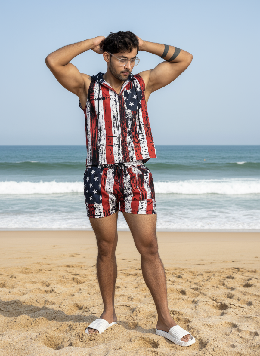 star and stripe print beach sleeveless co-ord set for men