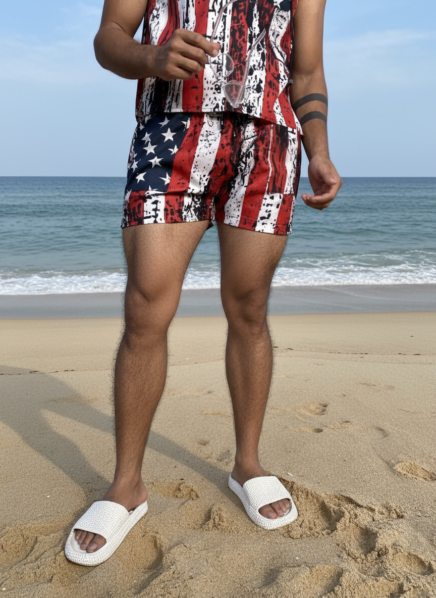 star and stripe print beach sleeveless co-ord set for men