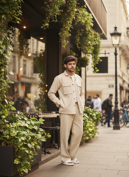 Men’s Casual Beige Blazer and Pajama Pant Set 