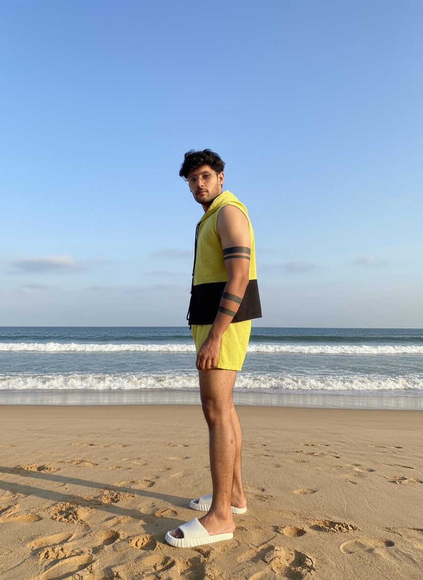 Men's cotton beach wear set – sleeveless hooded top and shorts