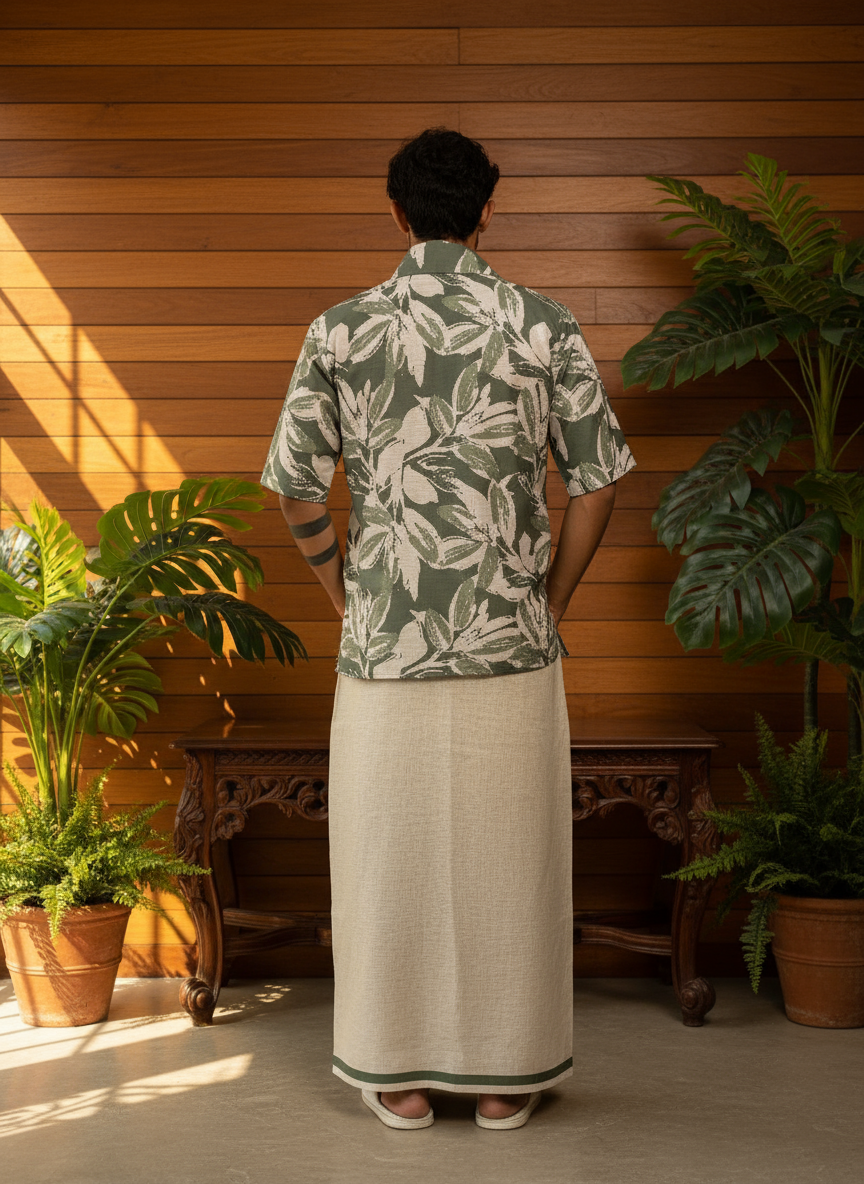 Beige pajamalungi with light green stripes for men