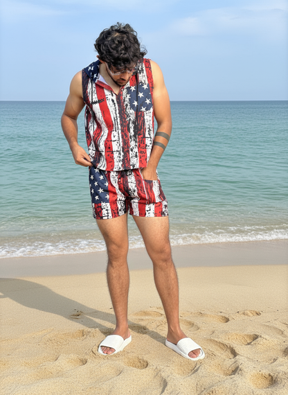 star and stripe print beach sleeveless co-ord set for men
